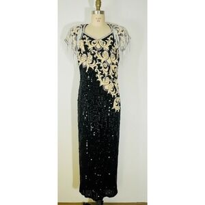 Gatsby Art Deco 80s Glam Black Gold Sequin‎ Fringe Silk Gown Nite Line SZ 6